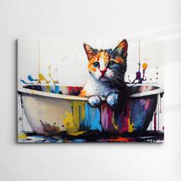 Cat in Bathtub Abstract Pet Animal Painting Splatter Wall Art, Framed Canvas Poster Print, Home Kitchen Office Room Decor, Gifts - thumbnail 3
