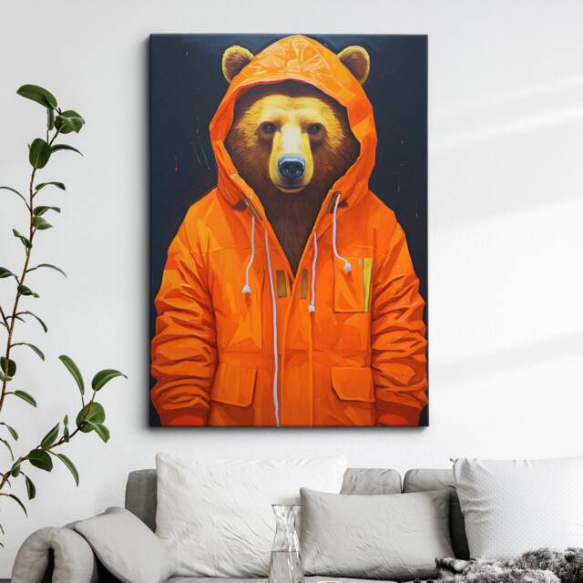 Bear With Coat Hood Animal Abstract Oil Painting Splatter Style Wall Art, Framed Canvas Poster Print, Home Kitchen Office Room Decor, Gifts - image 1