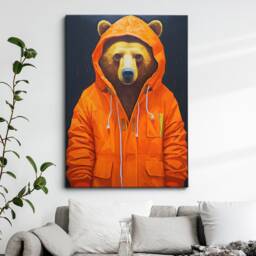 Bear With Coat Hood Animal Abstract Oil Painting Splatter Style Wall Art, Framed Canvas Poster Print, Home Kitchen Office Room Decor, Gifts - thumbnail 1