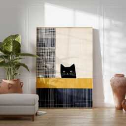 Modern Cat Wall Art Print, Abstract Minimalist Poster, Black Artwork, Contemporary Animal Decor For Bedroom Living Room - thumbnail 3