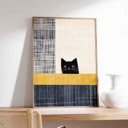 Modern Cat Wall Art Print, Abstract Minimalist Poster, Black Artwork, Contemporary Animal Decor For Bedroom Living Room - thumbnail 1