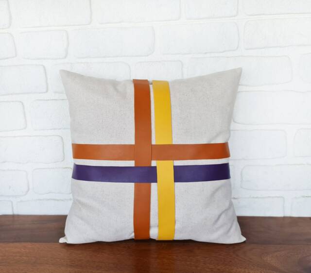 Mid Century Linen Pillow Cover Faux Leather Straps, Scandinavian Design - image 1