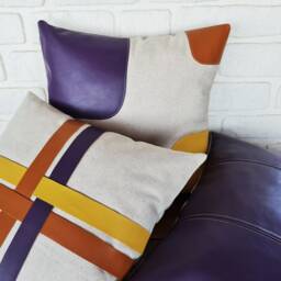 Mid Century Linen Pillow Cover Faux Leather Straps, Scandinavian Design - thumbnail 4