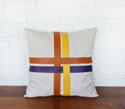 Mid Century Linen Pillow Cover Faux Leather Straps, Scandinavian Design - thumbnail 1