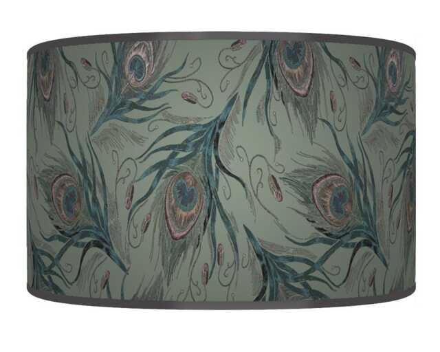 Peacock Feather Lampshade - Sage Green Drum Pendant Light Handmade Ceiling Shade For Boho Or Glam Home Decor - image 1