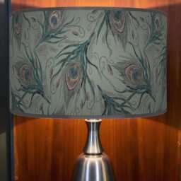 Peacock Feather Lampshade - Sage Green Drum Pendant Light Handmade Ceiling Shade For Boho Or Glam Home Decor - thumbnail 3