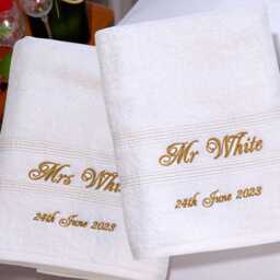 Personalised White Anniversary Towels - Embroidered Mr Mrs, Couples Gift Set - thumbnail 1