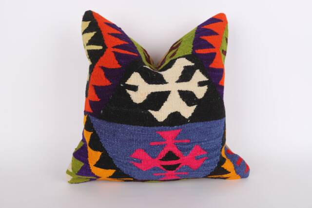 Vintage Kilim Pillow Cover 16x16 Turkish Wool Throw Cushion - image 1