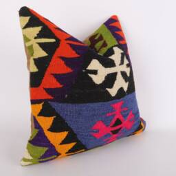 Vintage Kilim Pillow Cover 16x16 Turkish Wool Throw Cushion - thumbnail 2