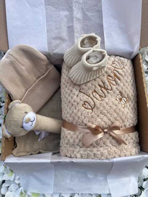 Personalised Baby Blanket Gift Set Box Toy Bootees Hat Embroidered Baby Shower New