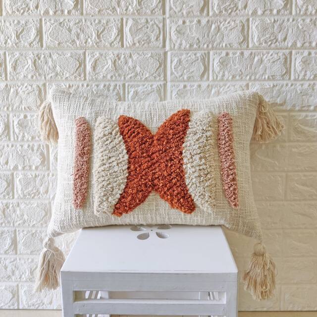Embroidered Tufted Cotton Lumbar Pillow Case Rust Orange Boho - 12x20/14x20 Cushion Cover - image 1