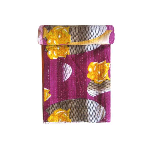 Reversible Sari Kantha Throw Twin Size Handmade Floral Quilt - image 1