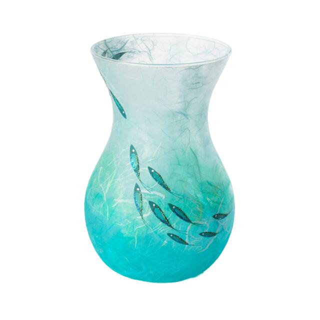 Blue Vase With Hand Painted Fish Shoal, Strawsilk Glass Art - image 1