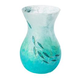 Blue Vase With Hand Painted Fish Shoal, Strawsilk Glass Art - thumbnail 2