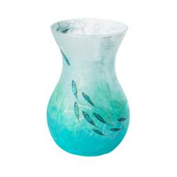 Blue Vase With Hand Painted Fish Shoal, Strawsilk Glass Art - thumbnail 1
