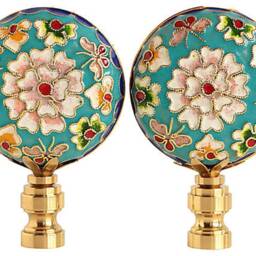 Chinese Champlev?? Cloisonn?? Lamp Finials On Shiny Brass Hardware - A Single Finial Or Matching Pair in Turquoise Blue - thumbnail 2