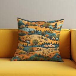 Whimsical Countryside Cushion Cover, Autumn Landscape Pillow Case, Cozy Farm Hills Throw Cover, Rustic Home Decor - thumbnail 1