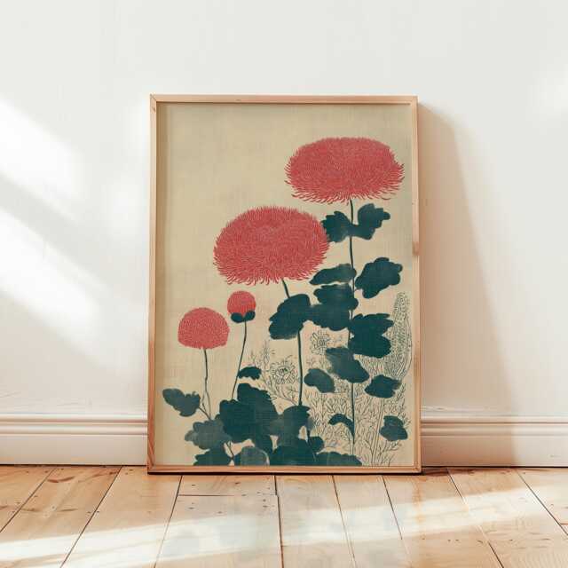 Japanese Floral Art Print - Red Chrysanthemum Botanical Poster Vintage Style Flower Wall Large Illustration Gift - image 1