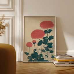 Japanese Floral Art Print - Red Chrysanthemum Botanical Poster Vintage Style Flower Wall Large Illustration Gift - thumbnail 2