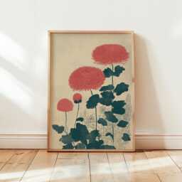 Japanese Floral Art Print - Red Chrysanthemum Botanical Poster Vintage Style Flower Wall Large Illustration Gift - thumbnail 1