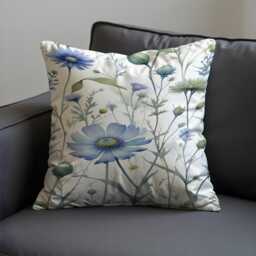 Blue Floral Cushion Cover, Watercolor Botanical Pillow Case, Soft Flower Throw Case - thumbnail 3