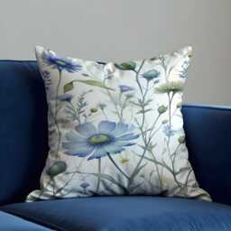 Blue Floral Cushion Cover, Watercolor Botanical Pillow Case, Soft Flower Throw Case - thumbnail 1