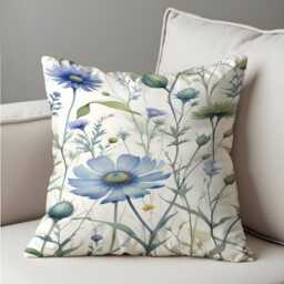 Blue Floral Cushion Cover, Watercolor Botanical Pillow Case, Soft Flower Throw Case - thumbnail 4