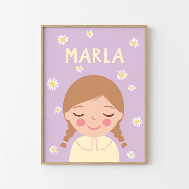 Personalized Portrait Girl With Dark Blonde Hair Daisy Flower - Illustration Poster For Kids Children's Wall Decor Lilac - image 1
