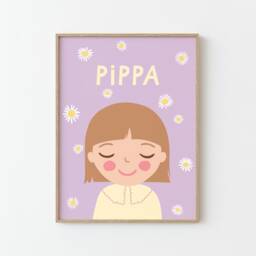 Personalized Portrait Girl With Dark Blonde Hair Daisy Flower - Illustration Poster For Kids Children's Wall Decor Lilac - thumbnail 3