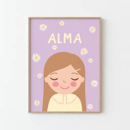 Personalized Portrait Girl With Dark Blonde Hair Daisy Flower - Illustration Poster For Kids Children's Wall Decor Lilac - thumbnail 2
