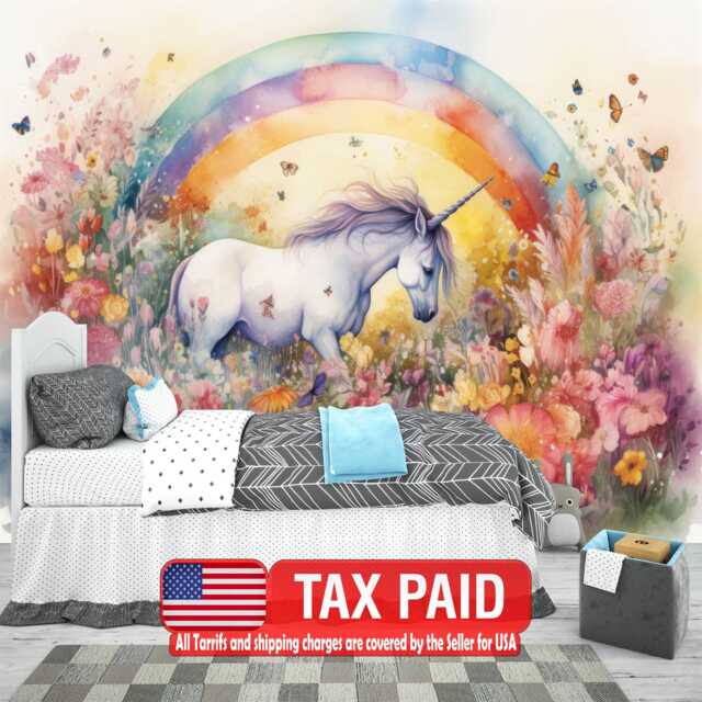 Unicorn in Flower Field Wall Mural, Girls Room Decor, Peel & Stick Wallpaper - image 1