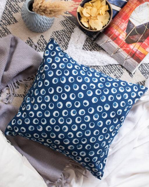 Indigo Polka Dot Blockprint Cushion No Chemicals, Natural Handmade Cushion, Cotton Cushion Cover, Stripe Made in India - image 1