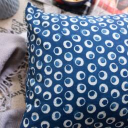 Indigo Polka Dot Blockprint Cushion No Chemicals, Natural Handmade Cushion, Cotton Cushion Cover, Stripe Made in India - thumbnail 2