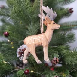 Hand Carved Wooden Deer Ornament, Woodland Animal Figurine, Christmas Tree Hanging, Rustic Decor - thumbnail 2