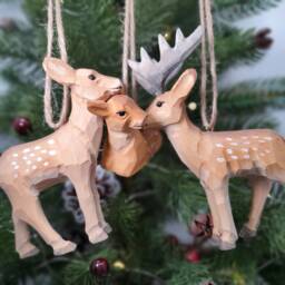 Hand Carved Wooden Deer Ornament, Woodland Animal Figurine, Christmas Tree Hanging, Rustic Decor - thumbnail 4