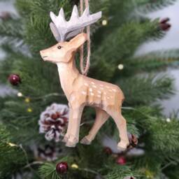 Hand Carved Wooden Deer Ornament, Woodland Animal Figurine, Christmas Tree Hanging, Rustic Decor