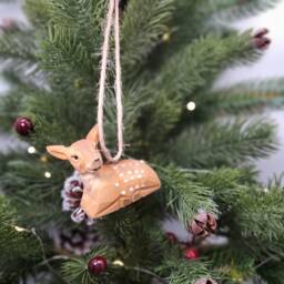 Hand Carved Wooden Deer Ornament, Woodland Animal Figurine, Christmas Tree Hanging, Rustic Decor - thumbnail 3