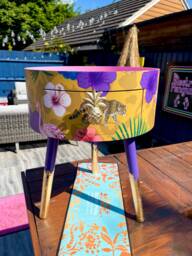 Round Living Room Table With Drawer. Ideal Nightstand Or End Table. Yellow Tropical Design Pink Top, Purple Legs & Gold Leaf