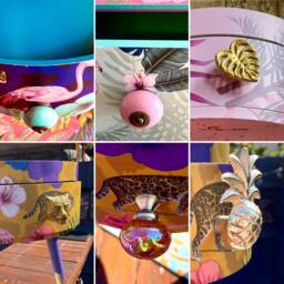 Round Living Room Table With Drawer. Ideal Nightstand Or End Table. Yellow Tropical Design Pink Top, Purple Legs & Gold Leaf - thumbnail 4