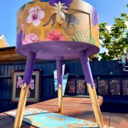 Round Living Room Table With Drawer. Ideal Nightstand Or End Table. Yellow Tropical Design Pink Top, Purple Legs & Gold Leaf - thumbnail 2