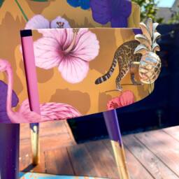 Round Living Room Table With Drawer. Ideal Nightstand Or End Table. Yellow Tropical Design Pink Top, Purple Legs & Gold Leaf - thumbnail 3