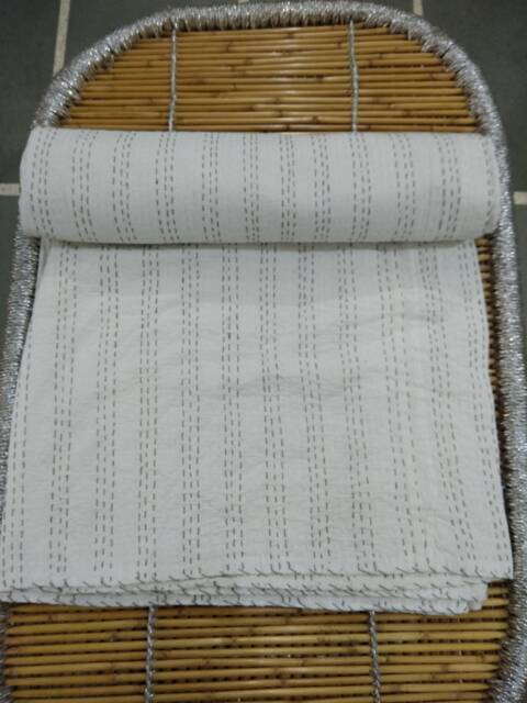 Handmade White Cotton Kantha Bedspread Twin, King, Cking Quilt - image 1