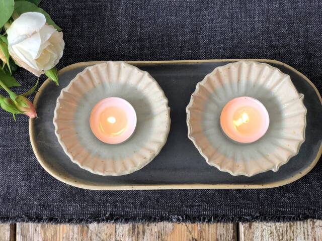 Handmade Ceramic Tea Light Candle Holders Striped Texture, Set Of 2 - image 1