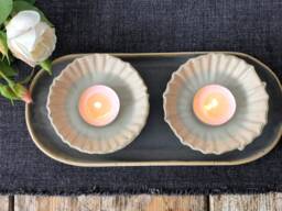 Handmade Ceramic Tea Light Candle Holders Striped Texture, Set Of 2