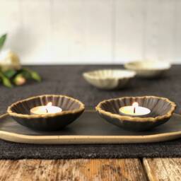 Handmade Ceramic Tea Light Candle Holders Striped Texture, Set Of 2 - thumbnail 2