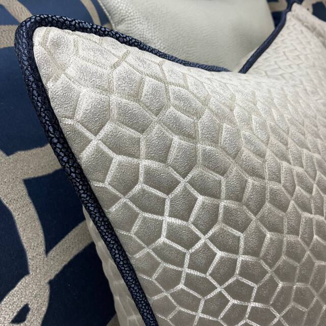 Luxury Cushion Cover , Made To Order Piped Pillow Cover - Designer Prestigious Textile Origami Fabric Platinum Silver Navy Piping - image 1