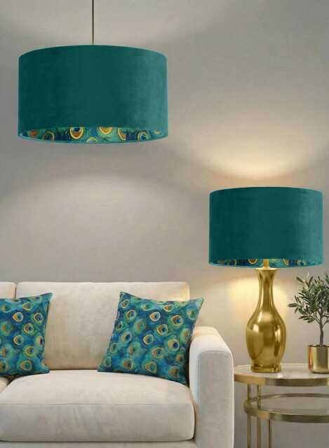 Teal Velvet Peacock Feather Lampshade Handmade Pendant Light Shade - image 1
