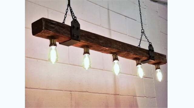 Rustic Wood Beam Light Fixture Industrial Farmhouse Hanging Lamp With 5 Bulbs - image 1