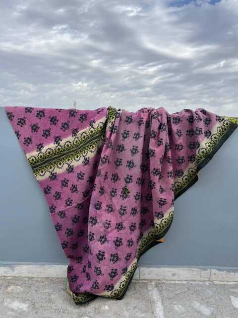 Vintage Patchwork Reversible Kantha Quilt Handmade Block Print Cotton Bedspread Throw Blanket - image 1