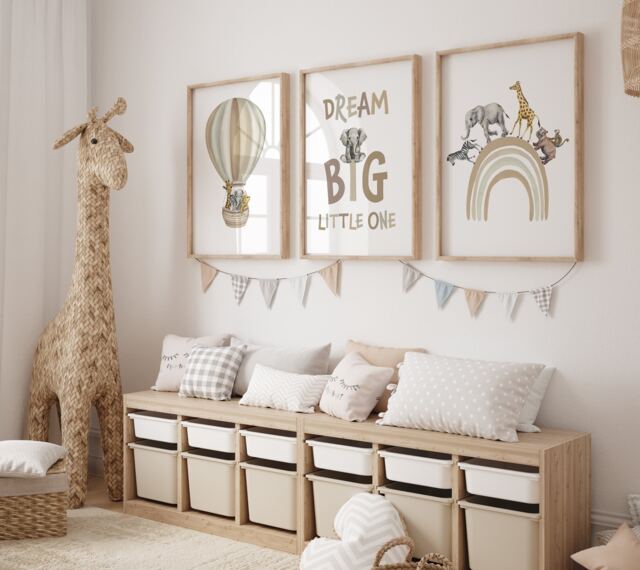 Safari Animal Nursery Prints Set Rainbow, Hot Air Balloon, Beige Decor, Dream Big - image 1